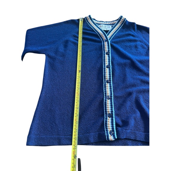 Vintage 1970s Talbott Travler Blue Textured Knit Cardigan Varsity Trim M Dacron - Picture 8 of 15
